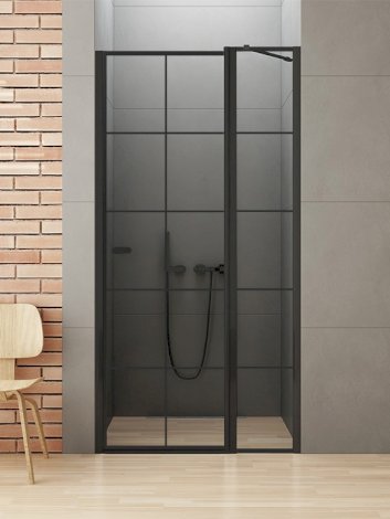 NEW TRENDY Drzwi prysznicowe NEW SOLEO BLACK P z elementem stałym 90x195 drzwi uchylne pojedyncze AS - wzór kratka  D-0293A